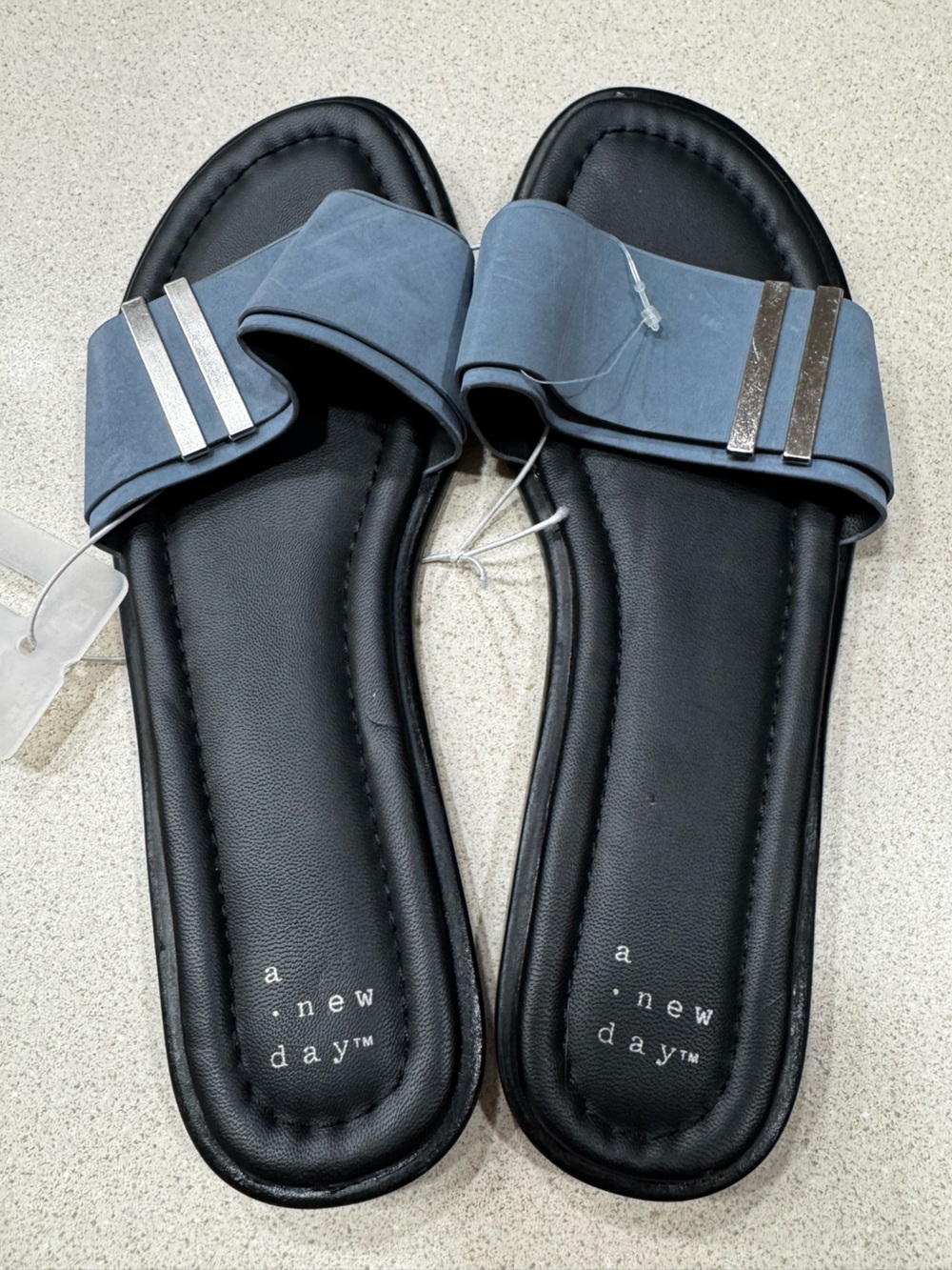 Women’s a new day Blue and Black Slide Sandals with Silver Accent 6 1/2